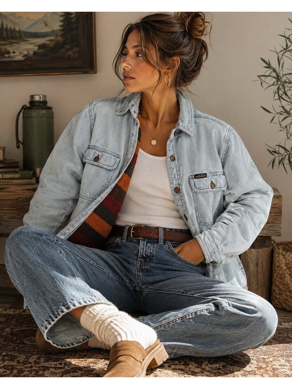 Vintage Woolrich Fleece Lined Distressed Denim Shacket Jacket
